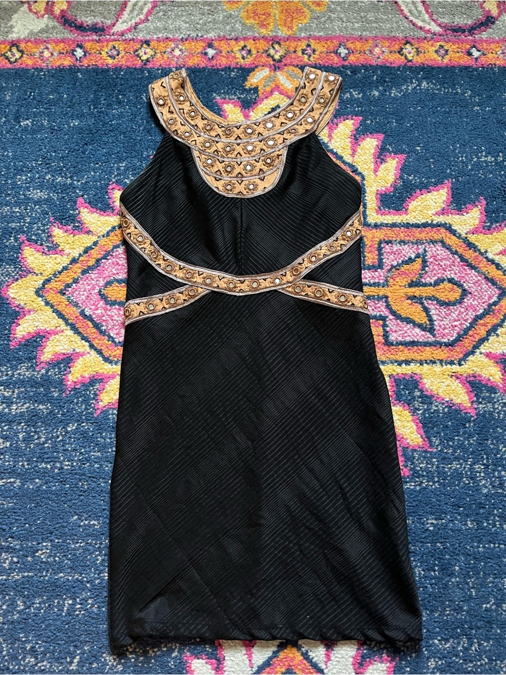 Free People Black Dress with Gold-Tan Embroidered Bodice